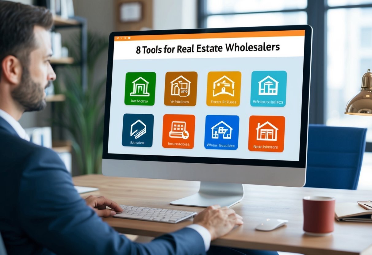 A computer screen displaying 8 icons of online tools for real estate wholesalers, with a desk and chair in the background
