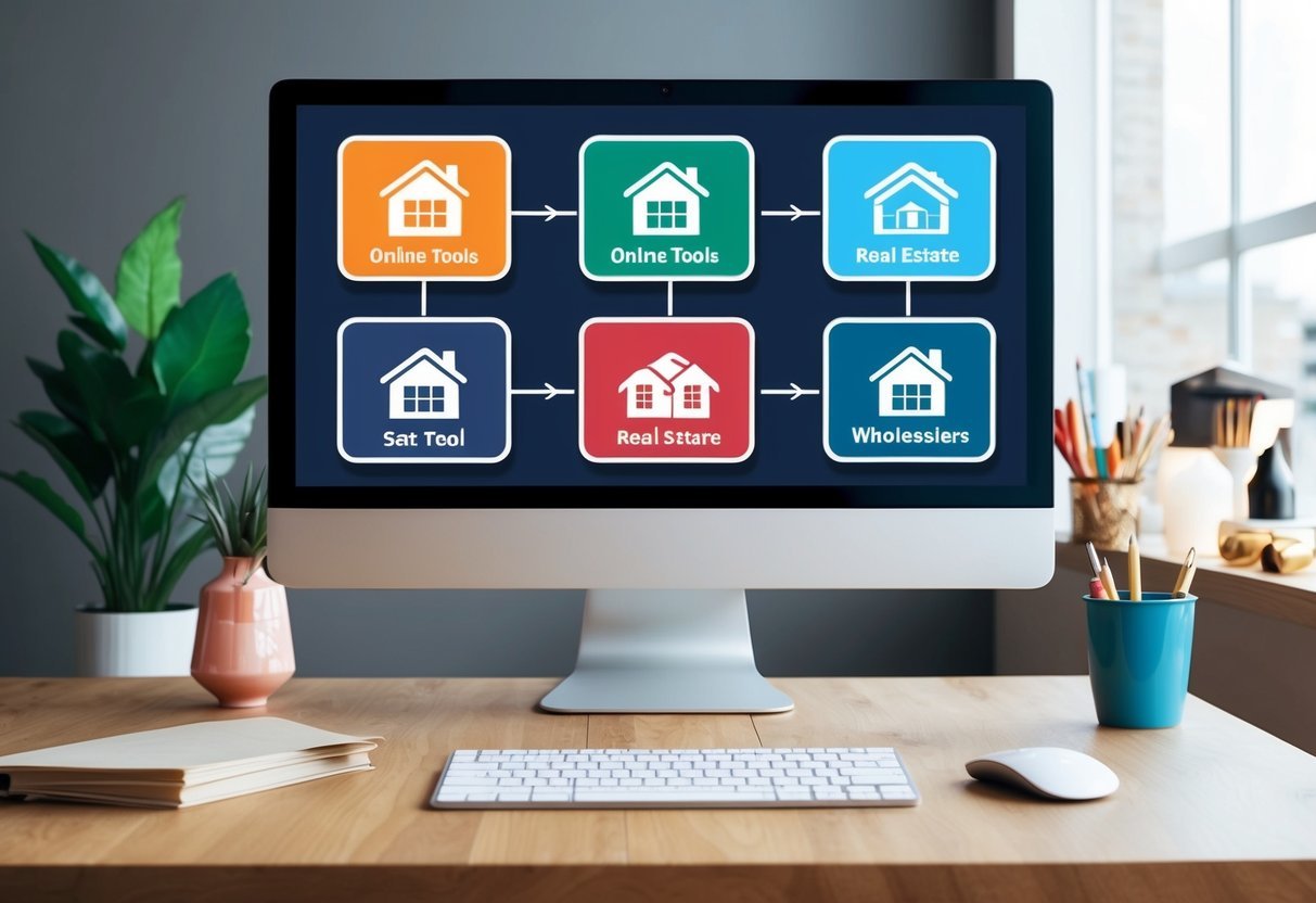 A computer screen displaying 8 icons representing online tools for real estate wholesalers