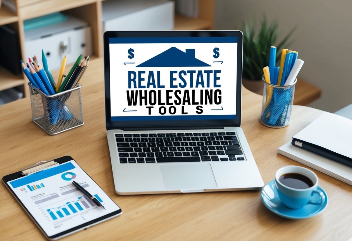 A laptop with real estate wholesaling tools displayed on the screen, surrounded by a desk with office supplies and a cup of coffee