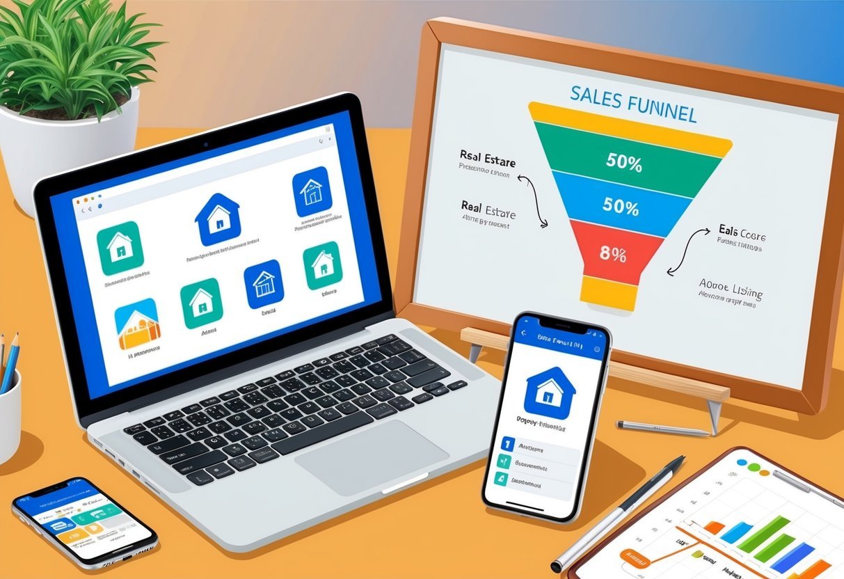 A laptop with real estate icons, a smartphone with a property listing app, and a whiteboard with a sales funnel diagram