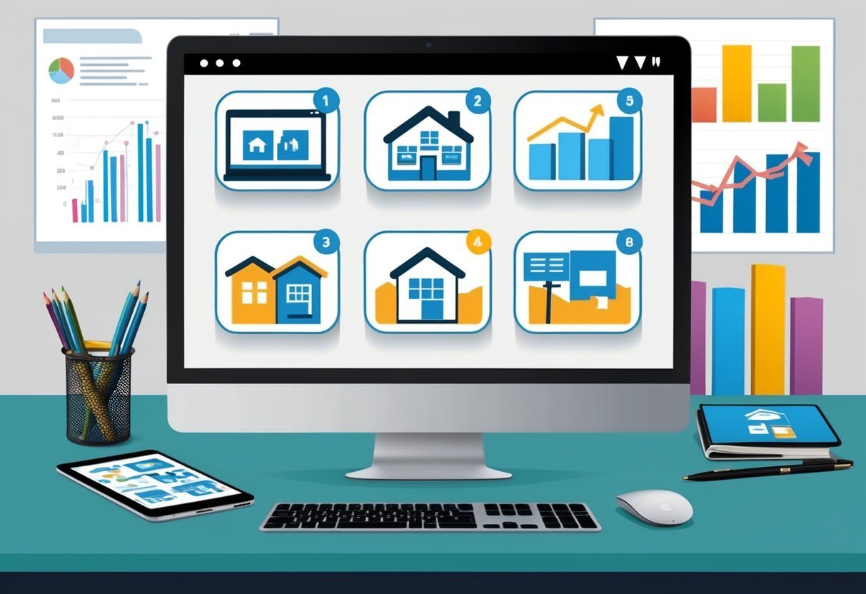 A computer screen displaying 8 icons representing online tools for real estate wholesalers, with charts and graphs in the background