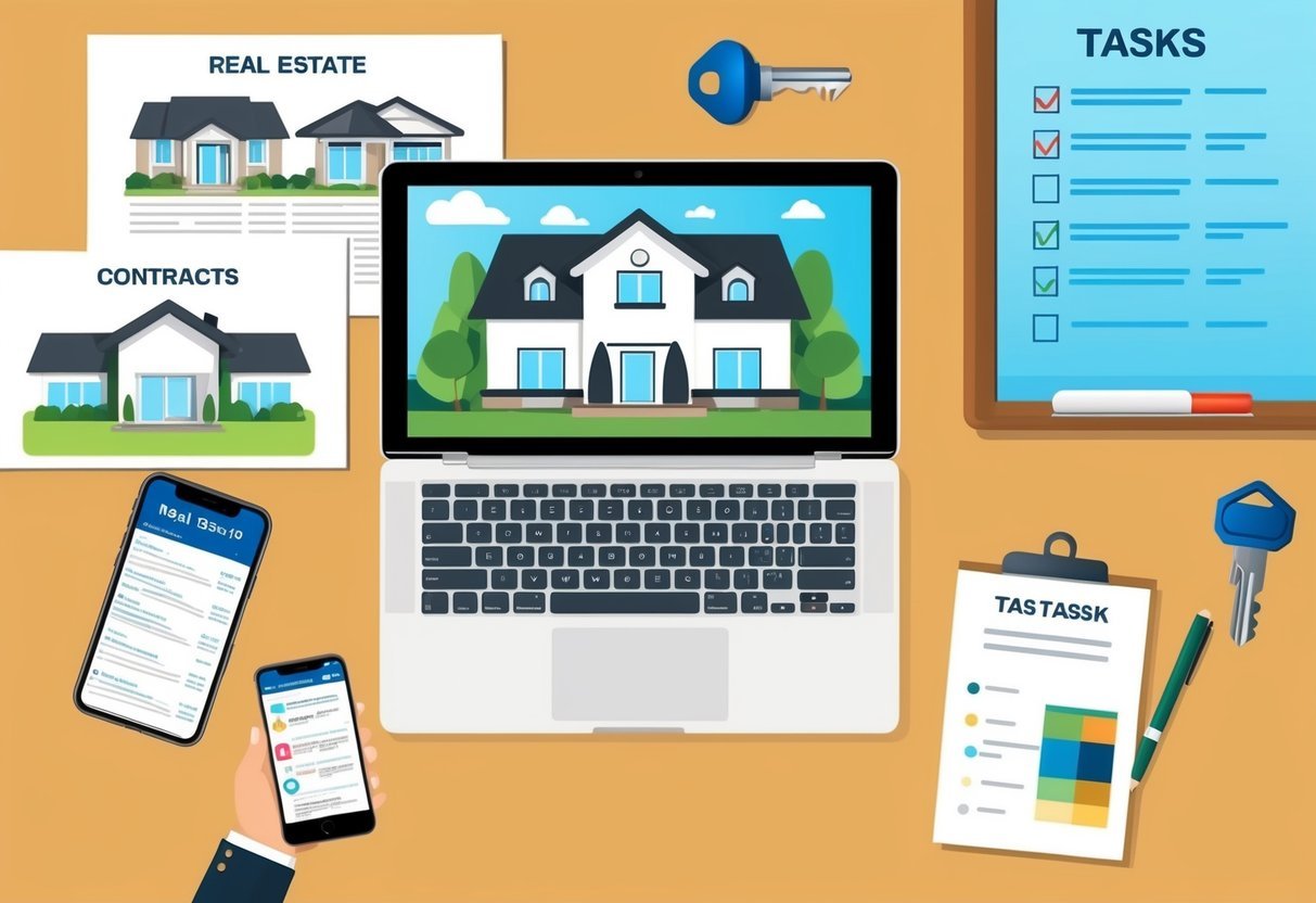 A laptop surrounded by real estate properties, contracts, and keys.</p><p>A phone with real estate apps open.</p><p>A whiteboard with a list of tasks