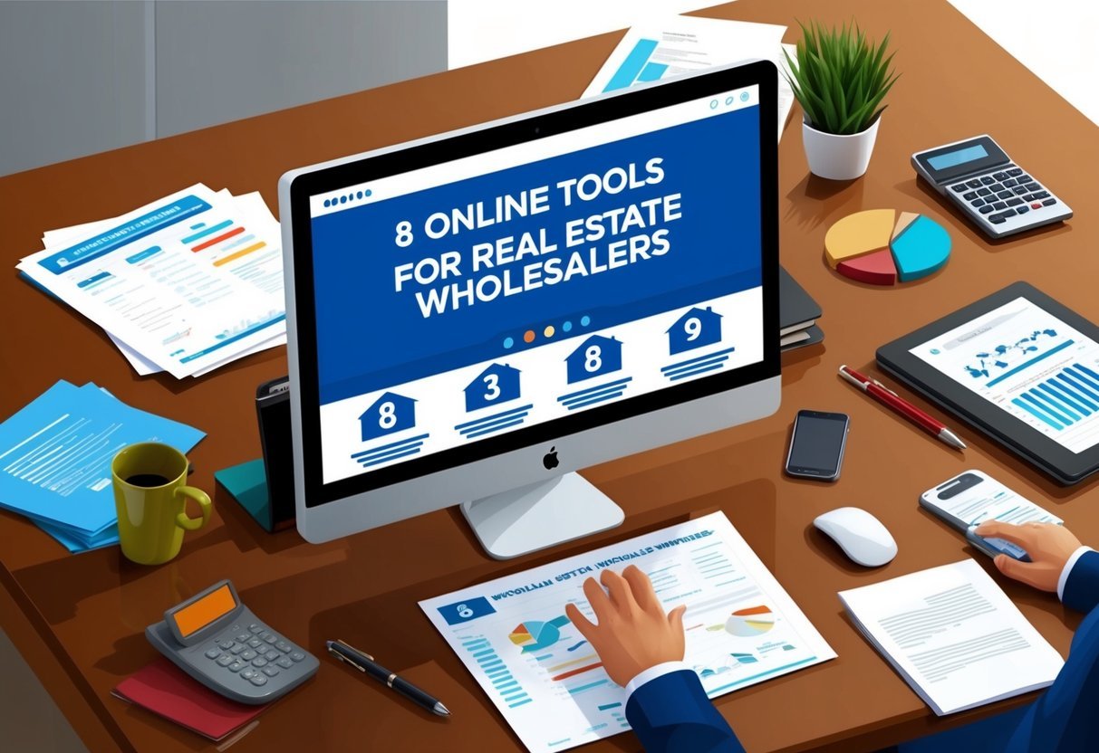 A computer screen displaying 8 online tools for real estate wholesalers, surrounded by a desk cluttered with paperwork and a phone