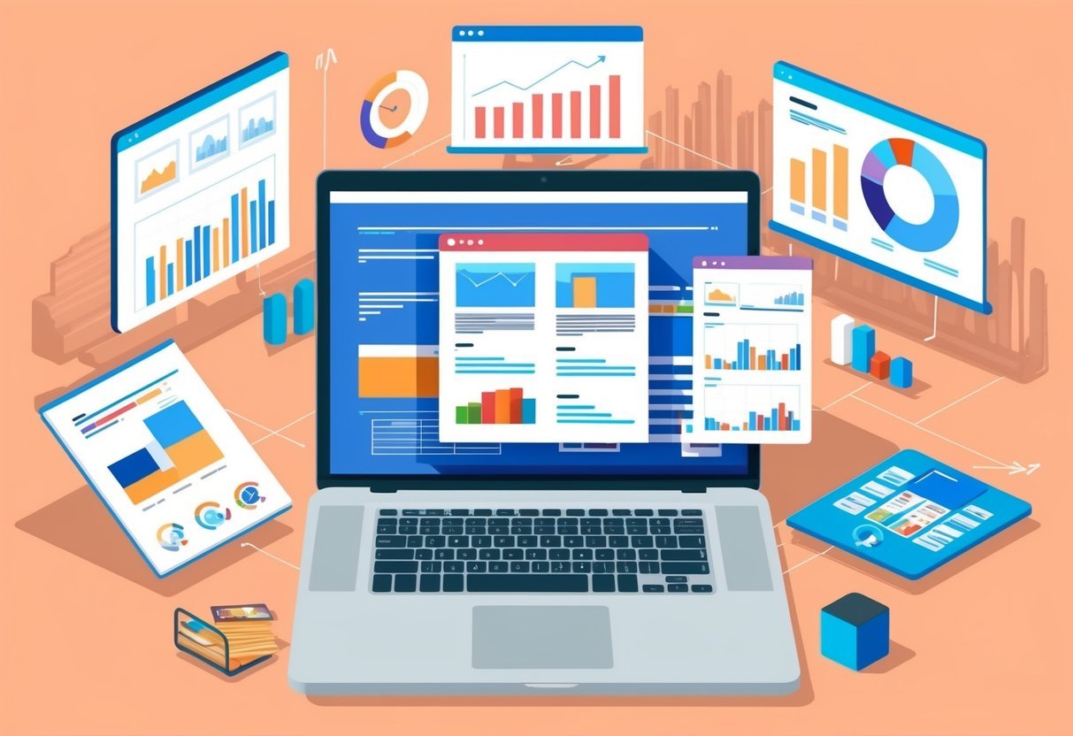 A laptop with various real estate websites open, surrounded by charts and graphs, representing the benefits of using online tools for wholesaling