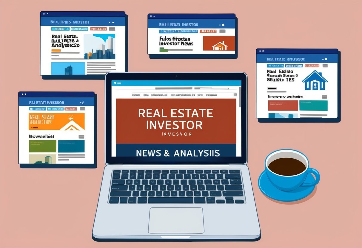 A laptop surrounded by six open tabs of real estate investor news and analysis websites.</p><p>A cup of coffee sits nearby