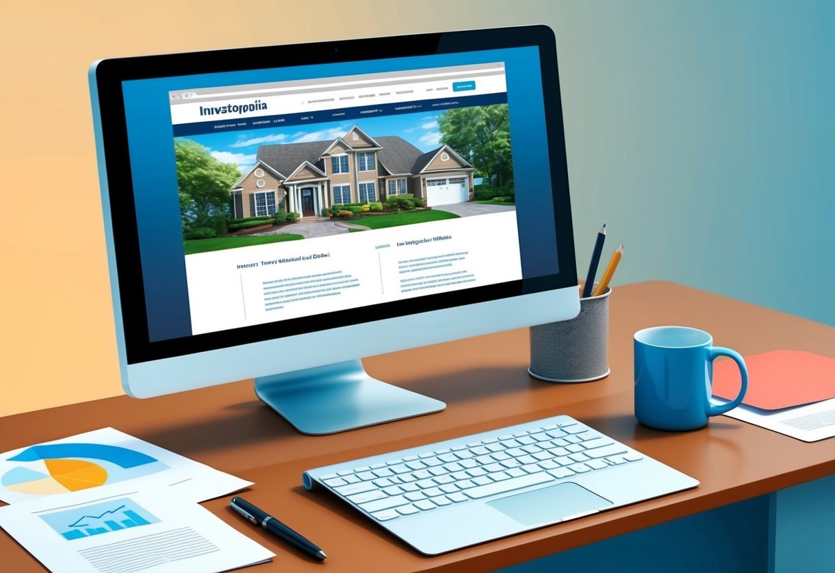 A desk with a computer displaying the Investopedia Real Estate website, surrounded by papers, a mug, and a pen