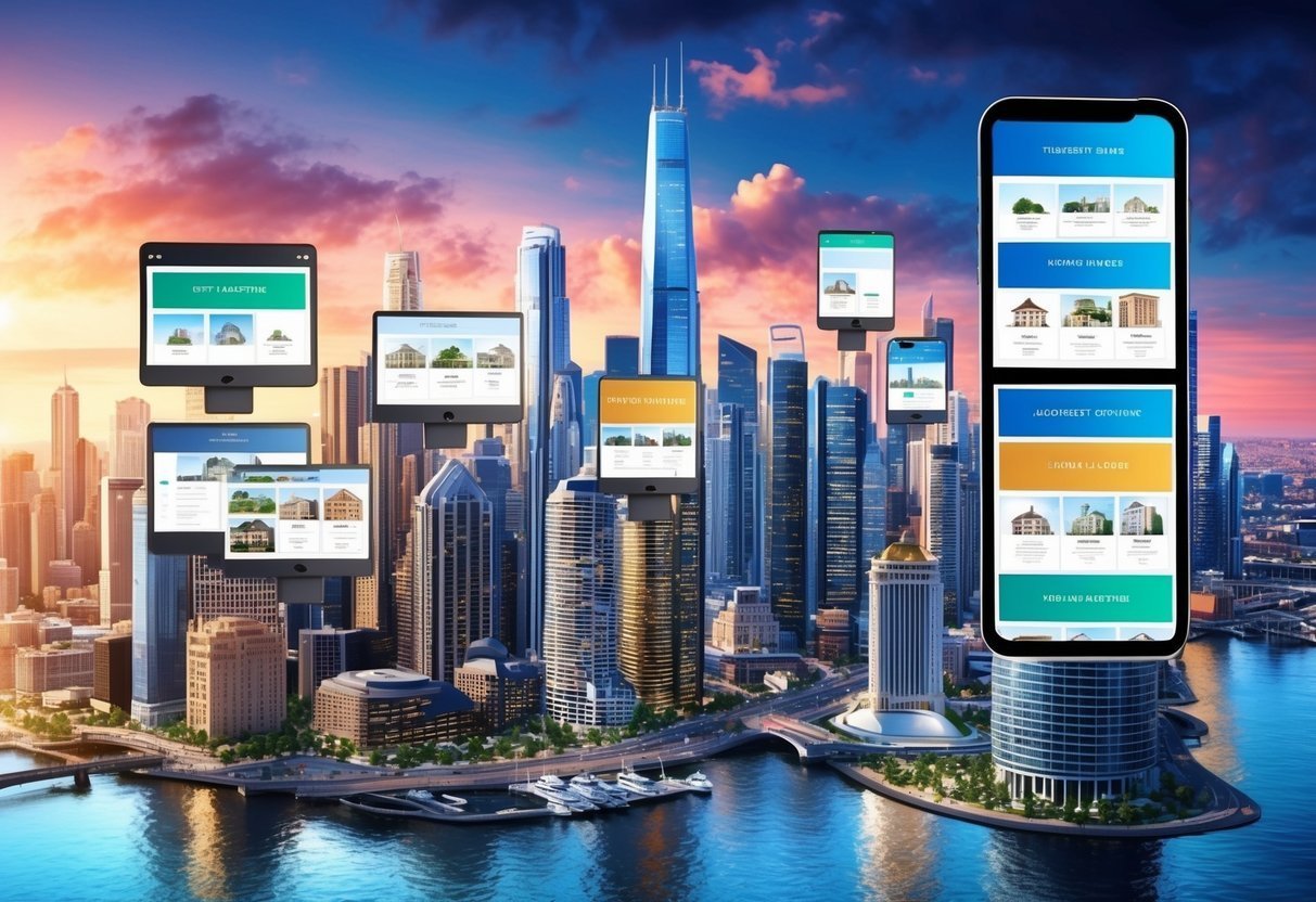 Cityscape with floating screens and smartphones displaying website content