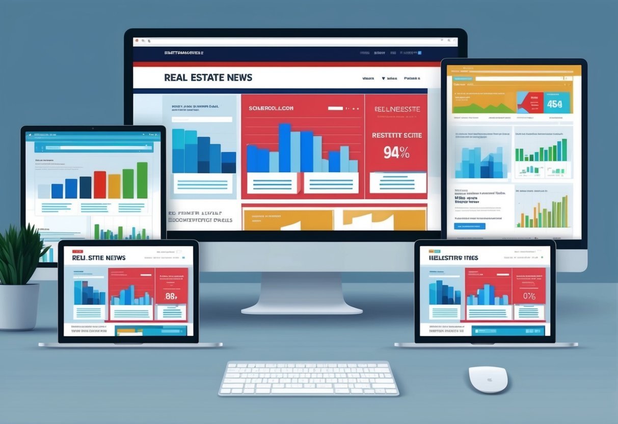 A computer screen displaying six real estate news websites with charts and graphs