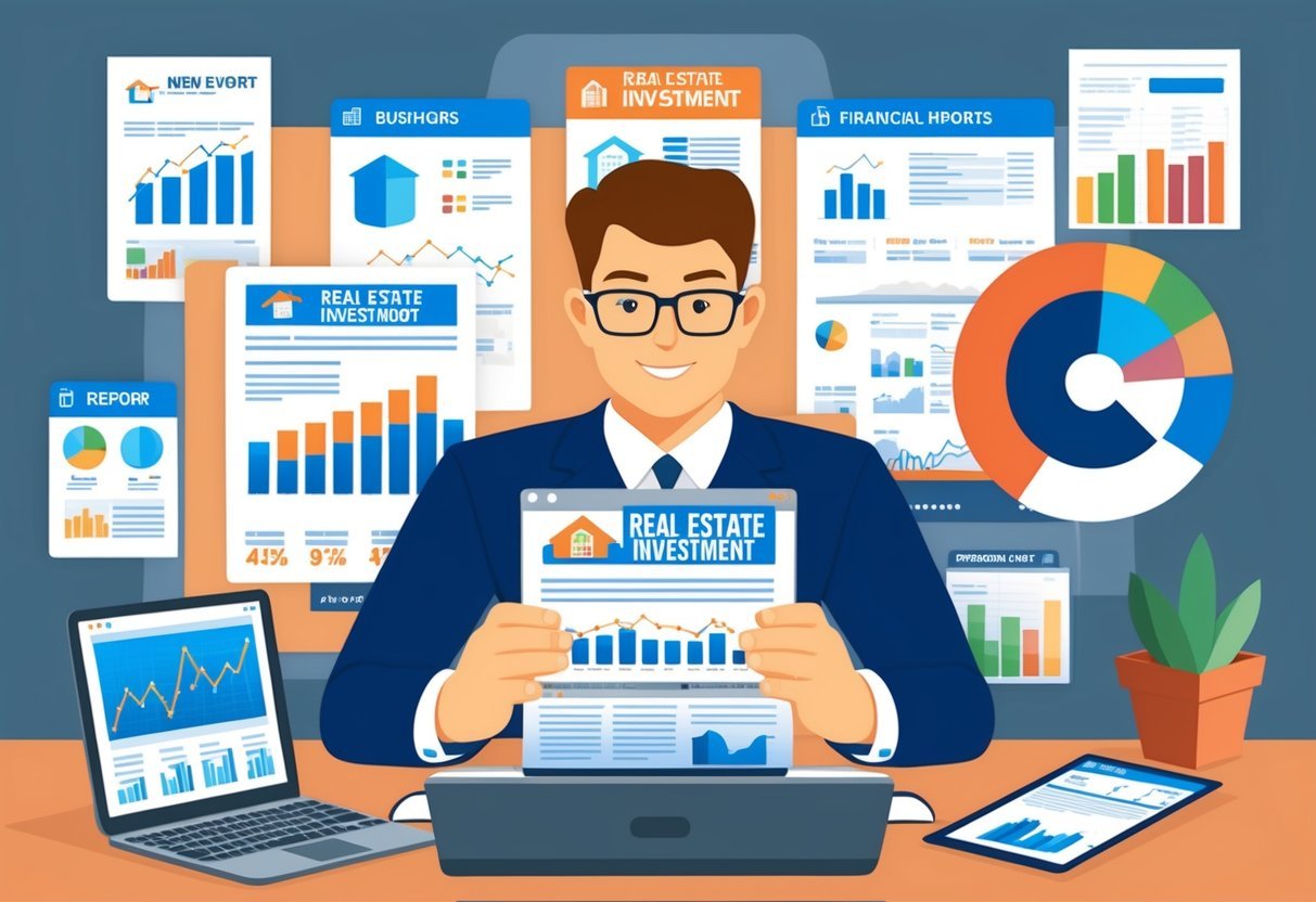 A person reading and analyzing real estate investment news on a computer, surrounded by charts, graphs, and financial reports