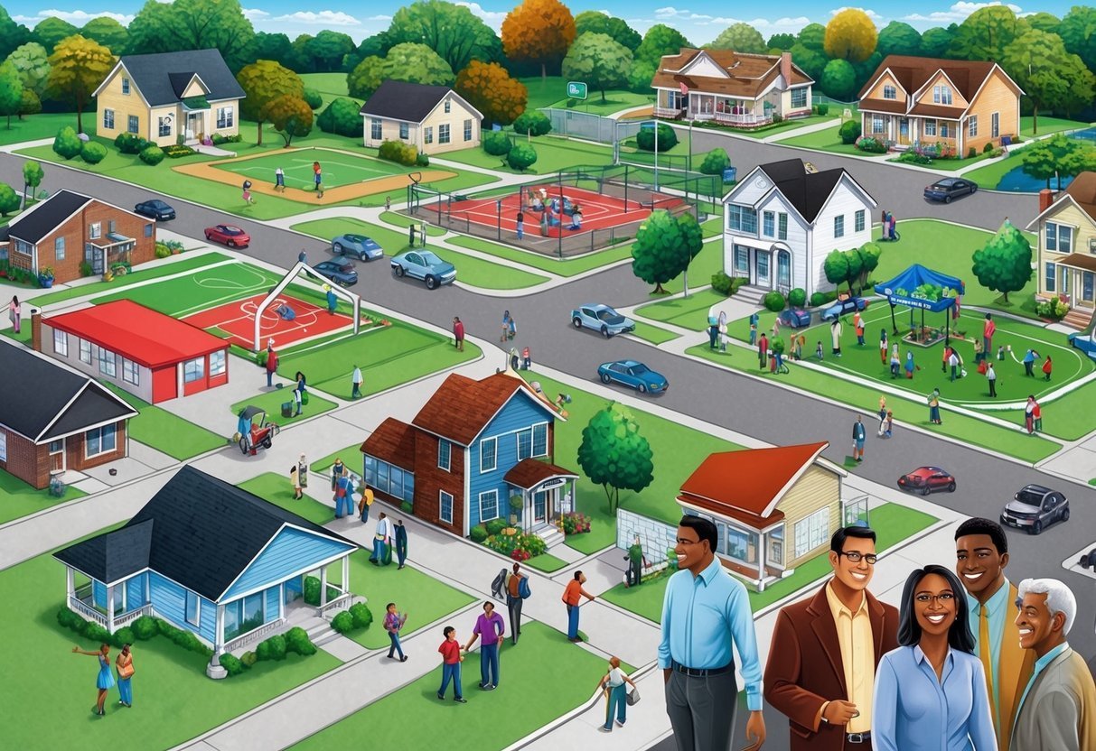 Illustration of a diverse neighborhood with houses, people, and recreational areas