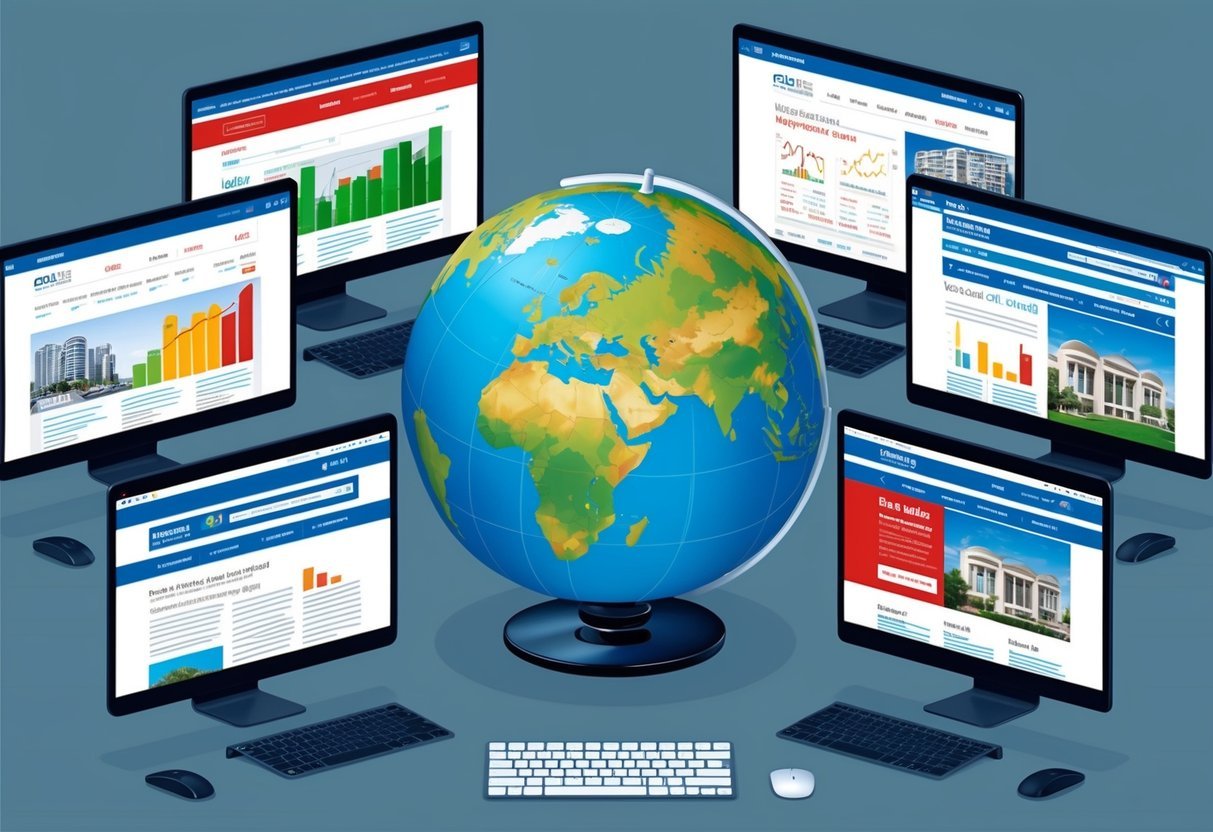 A globe surrounded by six computer screens displaying various real estate market data and news websites