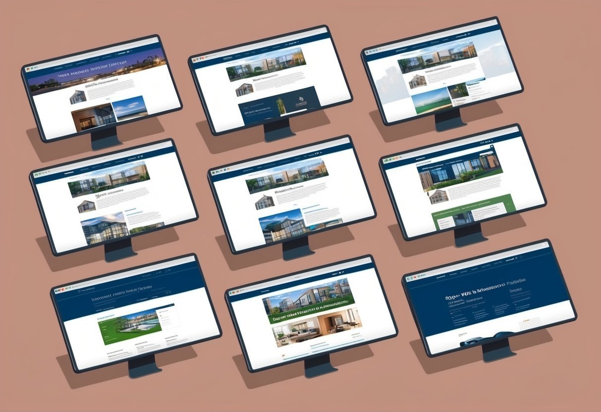 Nine computer monitors displaying website designs, showcasing modern architecture