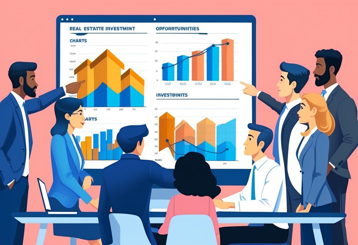 A group of people gather around a computer, pointing and discussing.</p><p>Charts and graphs are displayed on the screen, indicating real estate investment opportunities