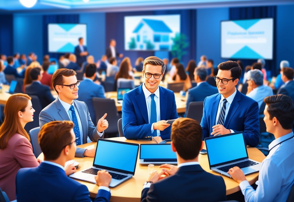 A group of people networking and discussing real estate investment opportunities at a conference, with laptops and presentation screens in the background