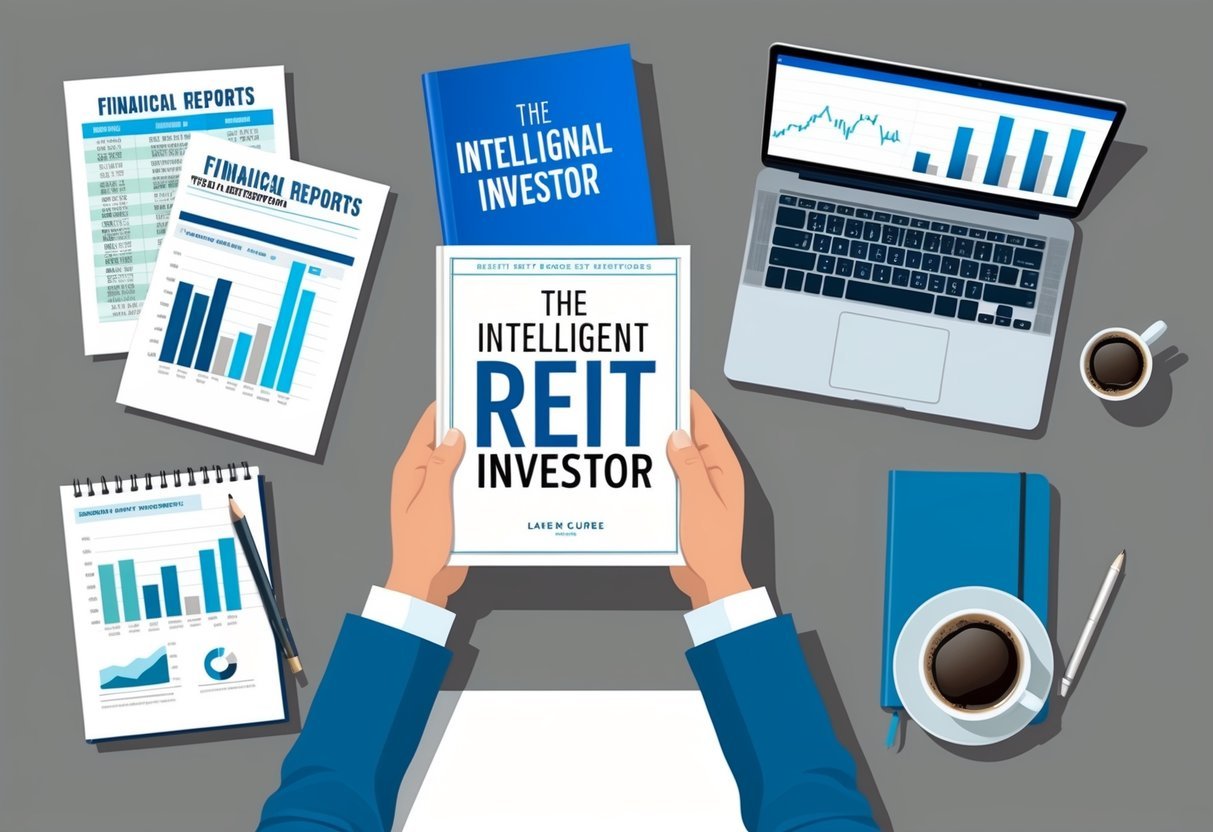 A person reading 'The Intelligent REIT Investor' surrounded by financial reports, a laptop, a notebook, and a cup of coffee