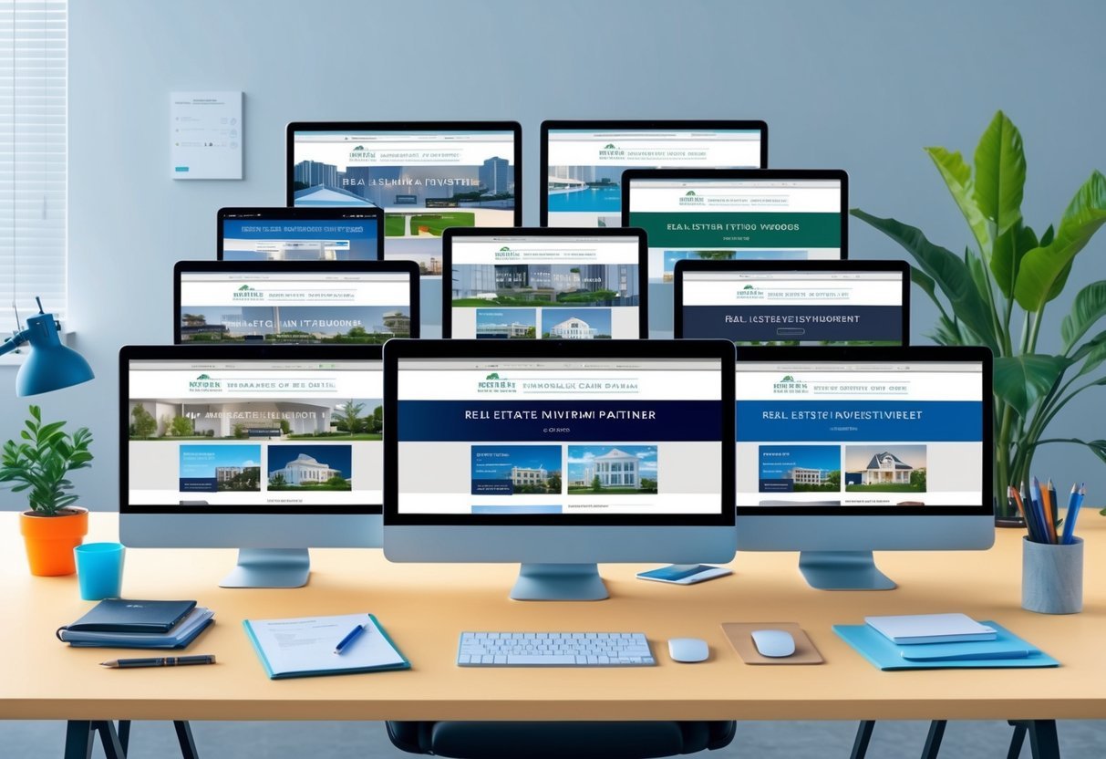 A group of 10 computer screens displaying various real estate investment partner websites on a desk, surrounded by office supplies and a potted plant