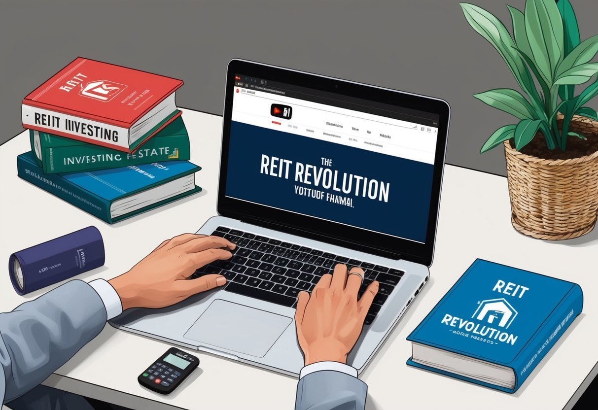 A desk with a laptop open to the REIT Revolution YouTube channel, surrounded by books on investing and real estate