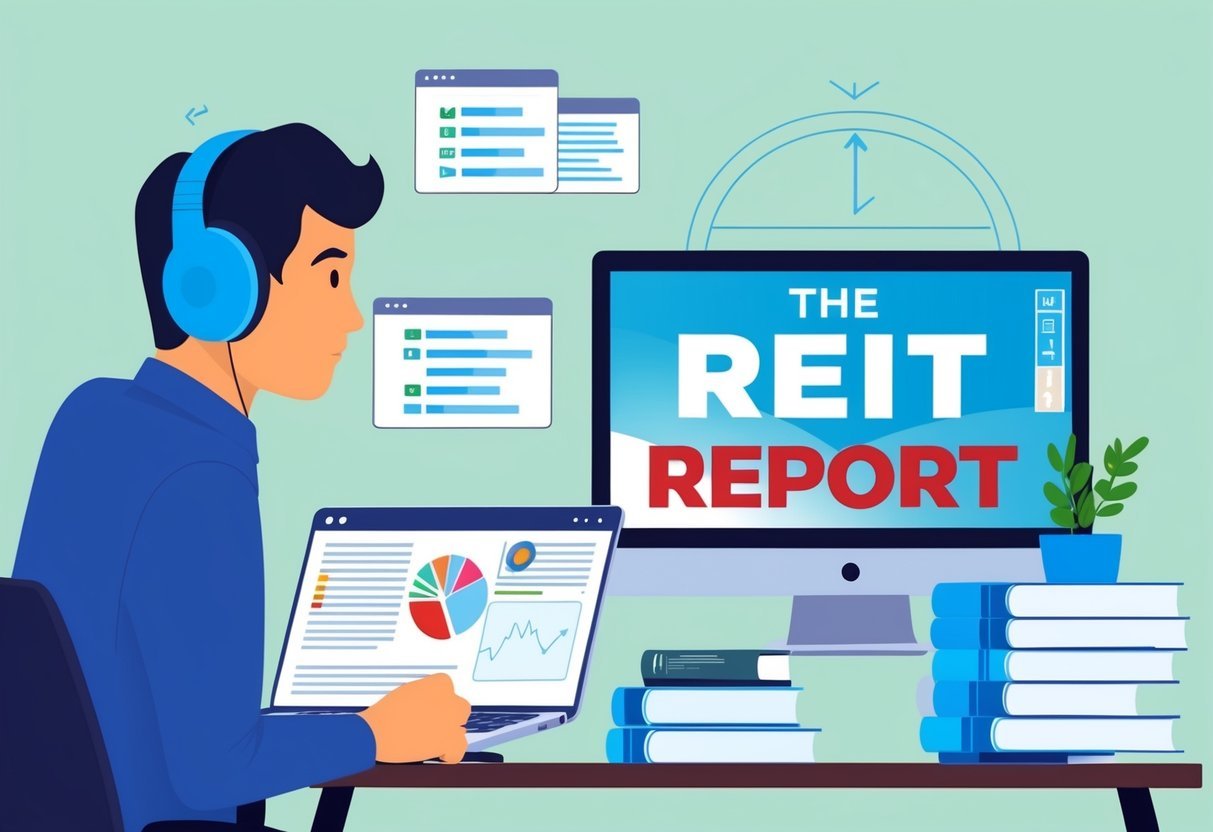 A person listening to 'The REIT Report' podcast while studying five resources for investing in REITs