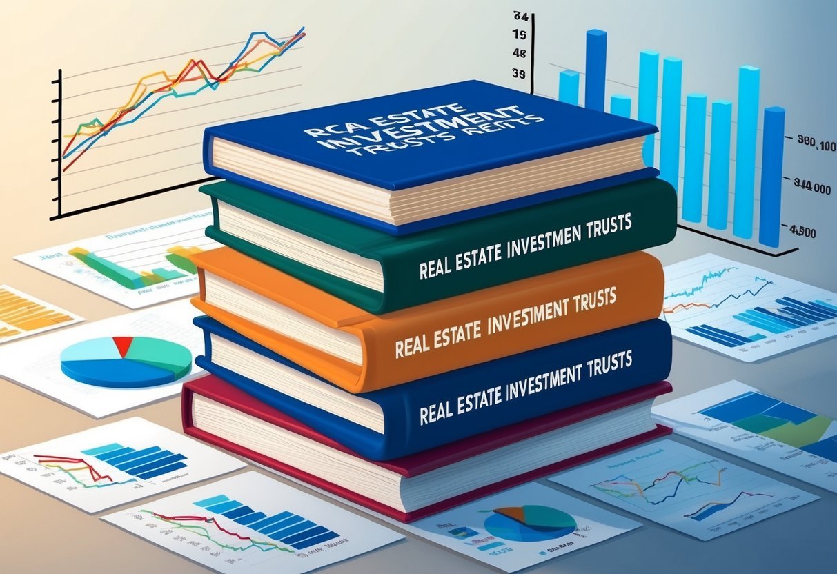 A stack of five books on real estate investment trusts (REITs) surrounded by financial charts and graphs