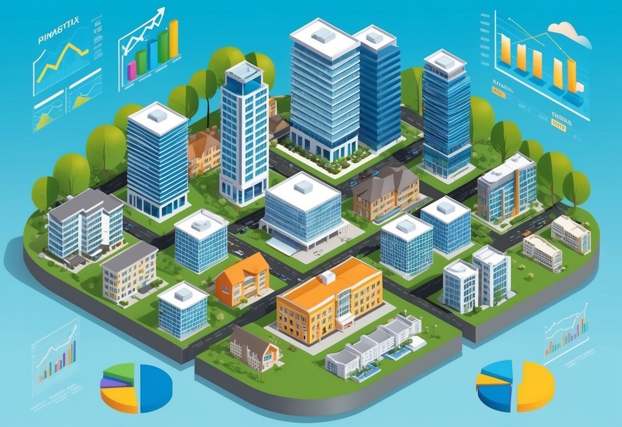 An illustration of a diverse range of real estate properties, such as office buildings, shopping centers, and apartment complexes, with financial charts and resources surrounding them