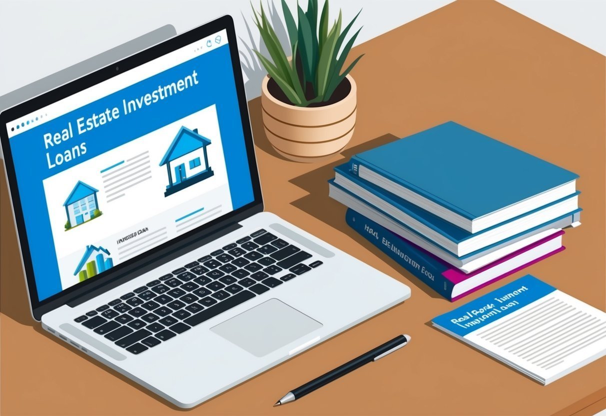 Laptop displaying real estate investment loans, books, pen, and plant on desk