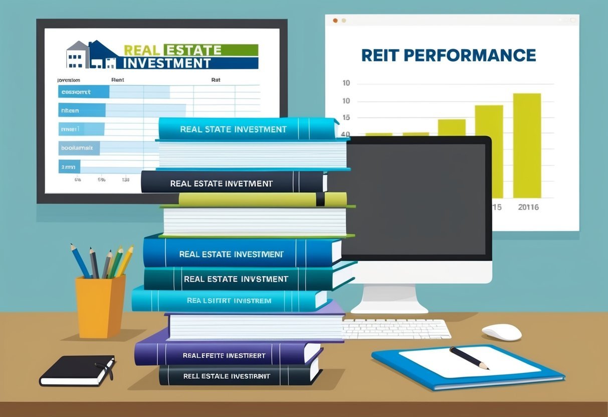 A stack of books on real estate investment with a computer and notebook on a desk.</p><p>A chart showing REIT performance hangs on the wall