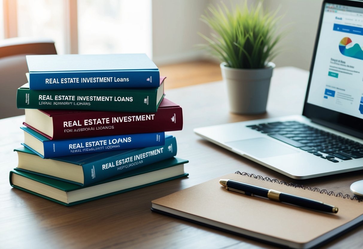 A stack of books on real estate investment loans, a laptop open to a webpage, a pen, and a notebook on a desk