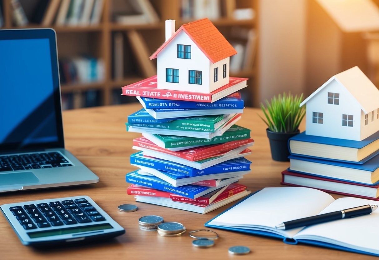 A stack of real estate investment loan resources surrounded by a laptop, calculator, books, and a house model