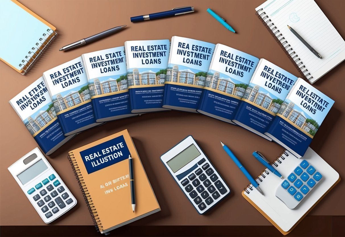 A group of six books on real estate investment loans arranged neatly on a desk, surrounded by a calculator, pen, and notebook