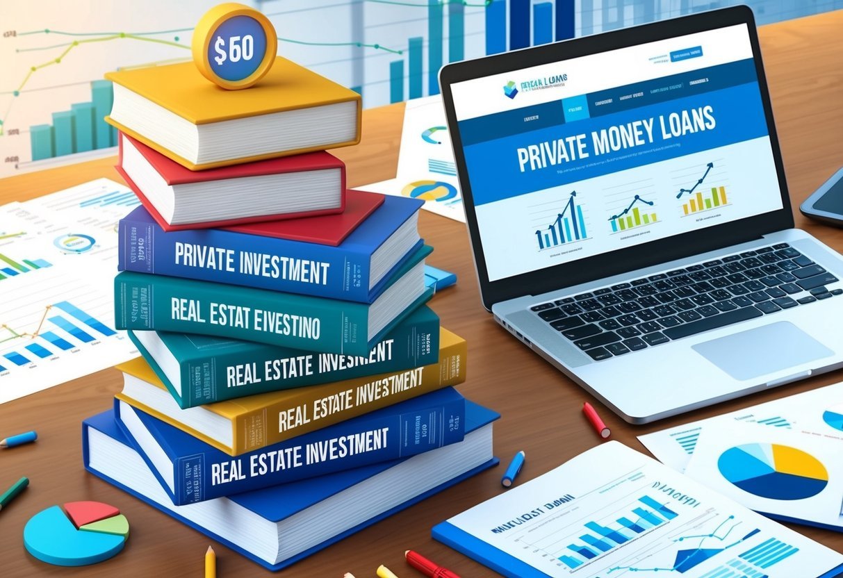 A stack of real estate investment books surrounded by charts, graphs, and financial documents, with a laptop open to a webpage about private money loans