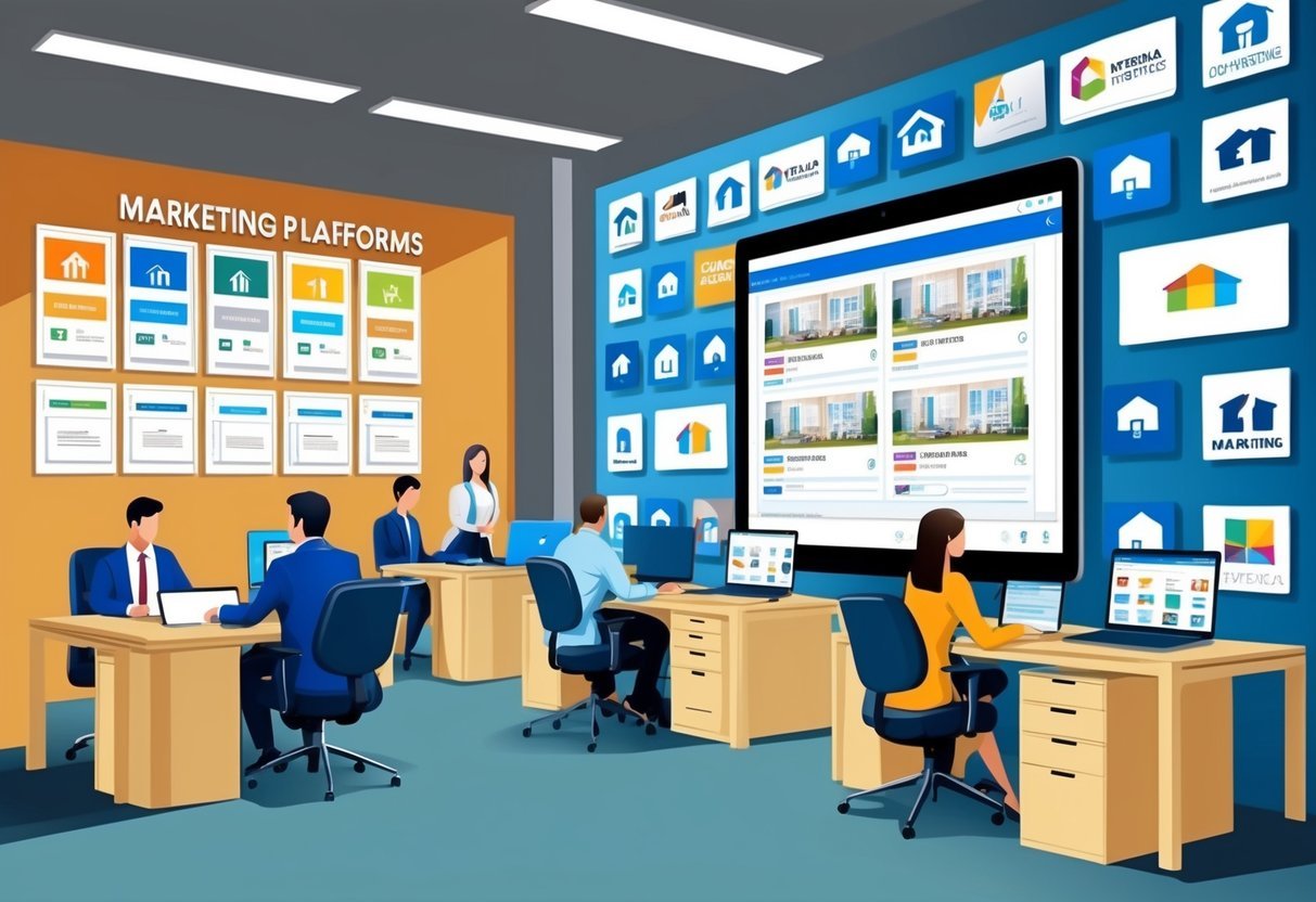 A busy office with agents working at desks, a large digital screen displaying real estate listings, and a wall covered in marketing platforms logos