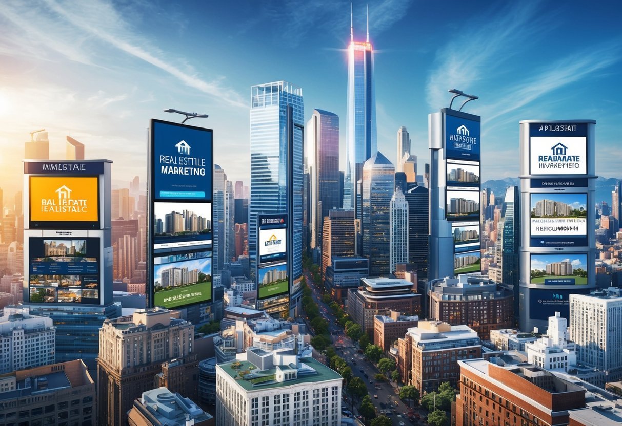 A bustling city skyline with various real estate marketing platforms displayed on digital billboards