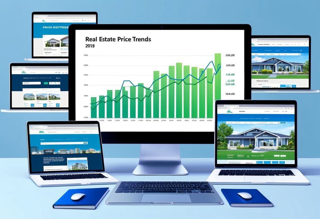 Laptops and a monitor displaying real estate price trends and house listings