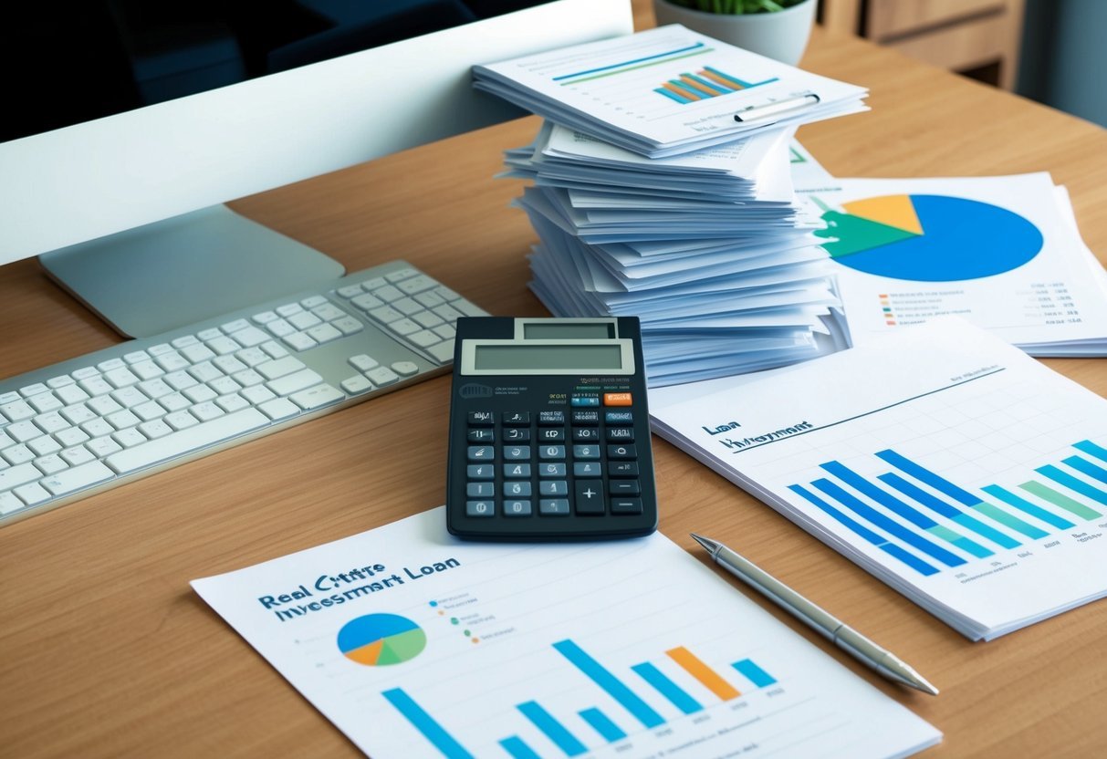 A desk with a computer, calculator, and paperwork.</p><p>A stack of real estate investment loan resources beside it.</p><p>A chart or graph showing financial data