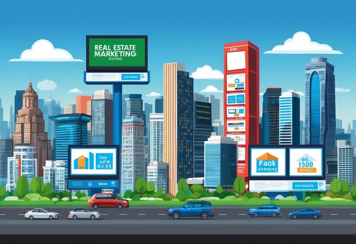 A bustling city skyline with various real estate marketing platforms displayed on digital billboards