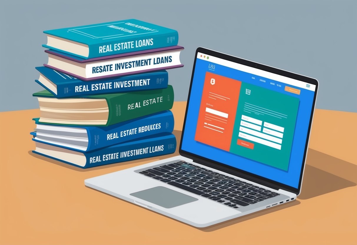 A stack of books and online resources on real estate investment loans.</p><p>A laptop open to a learning website