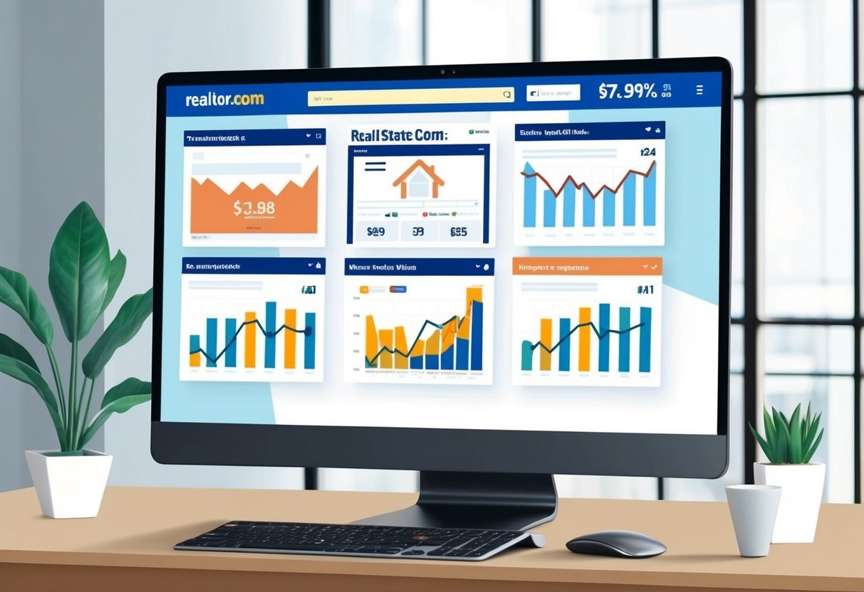 A computer screen displaying Realtor.com and six other real estate websites, with graphs and charts showing price trends