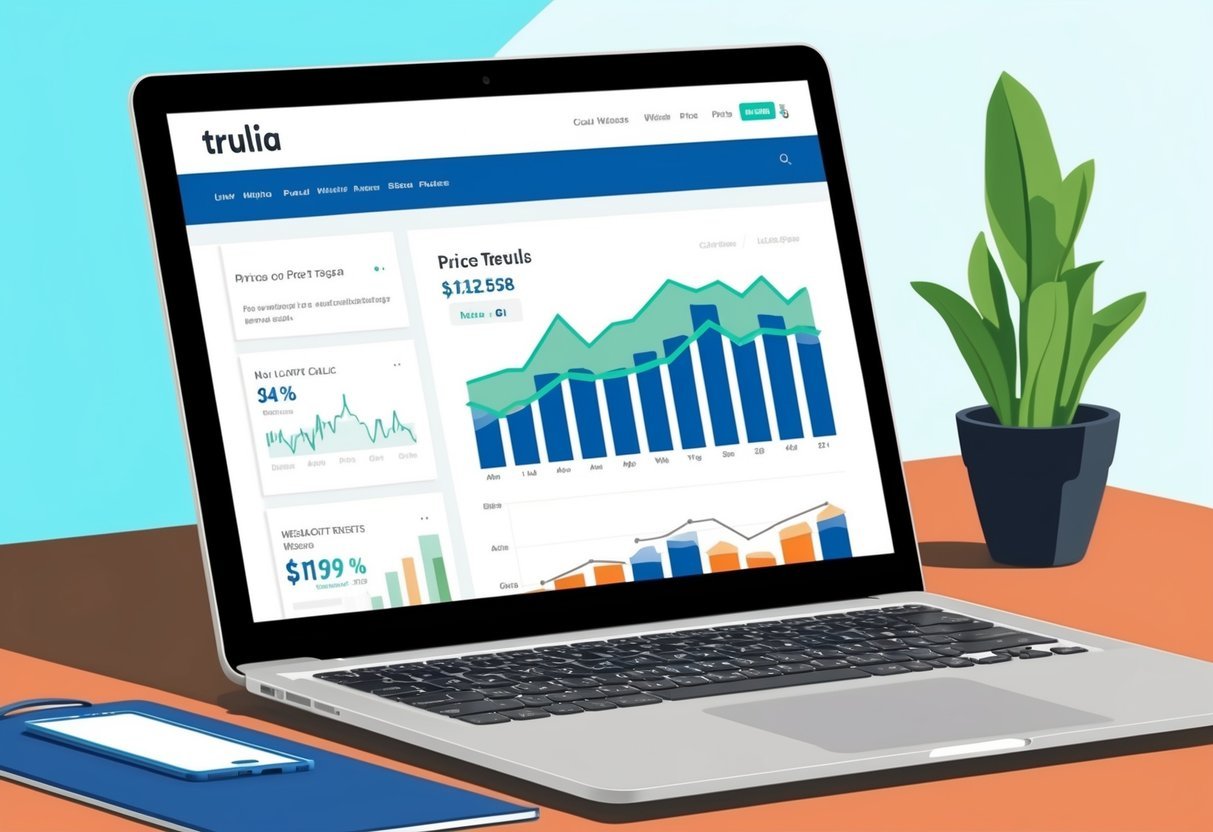 A laptop displaying Trulia's website with real estate price trends charts and graphs