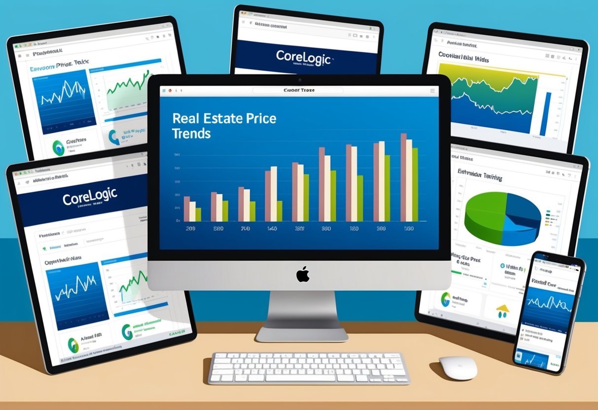 A computer screen displaying graphs and charts of real estate price trends, surrounded by open web browser tabs for CoreLogic and other real estate tracking websites