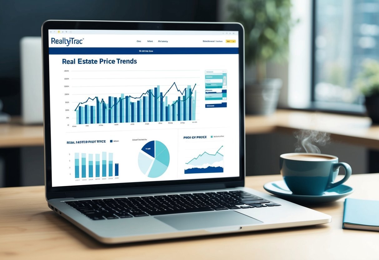 A laptop open on a desk, showing graphs and charts of real estate price trends on RealtyTrac's website.</p><p>A cup of coffee sits nearby