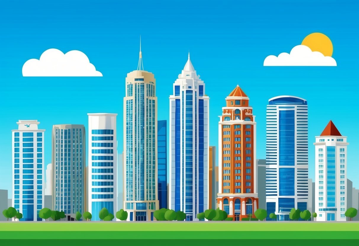 A vibrant city skyline with eight distinct buildings, each representing a different real estate marketing platform, stands tall against a bright blue sky