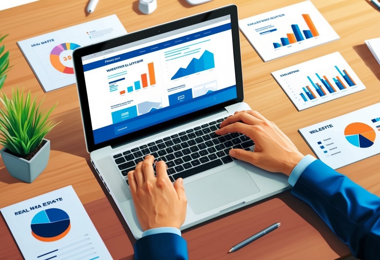 A laptop on a desk with a real estate website open, surrounded by graphs and charts