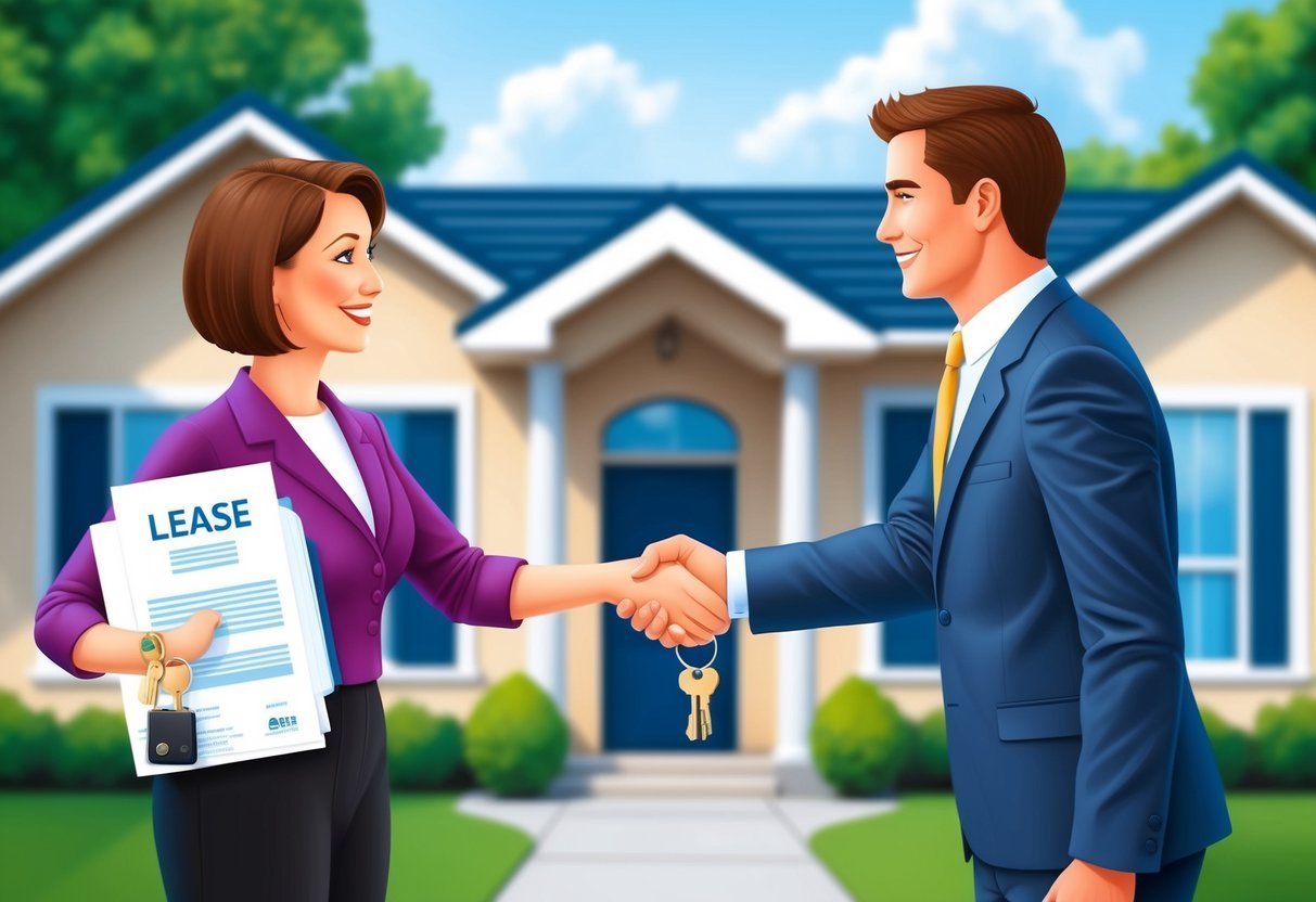 Real estate agents shaking hands in front of a house, lease in hand