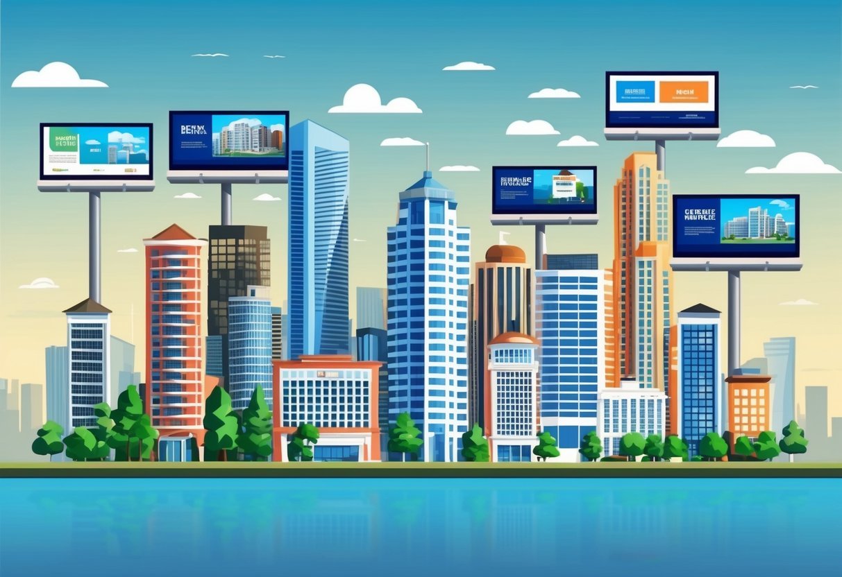 A bustling city skyline with various real estate marketing platforms displayed on digital billboards.</p><p>A mix of traditional and modern buildings symbolize growth