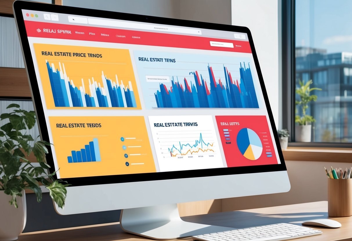 A computer screen displaying graphs and charts of real estate price trends on various websites