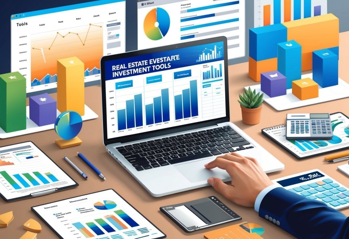 Laptop displaying real estate investment tools surrounded by charts and graphs