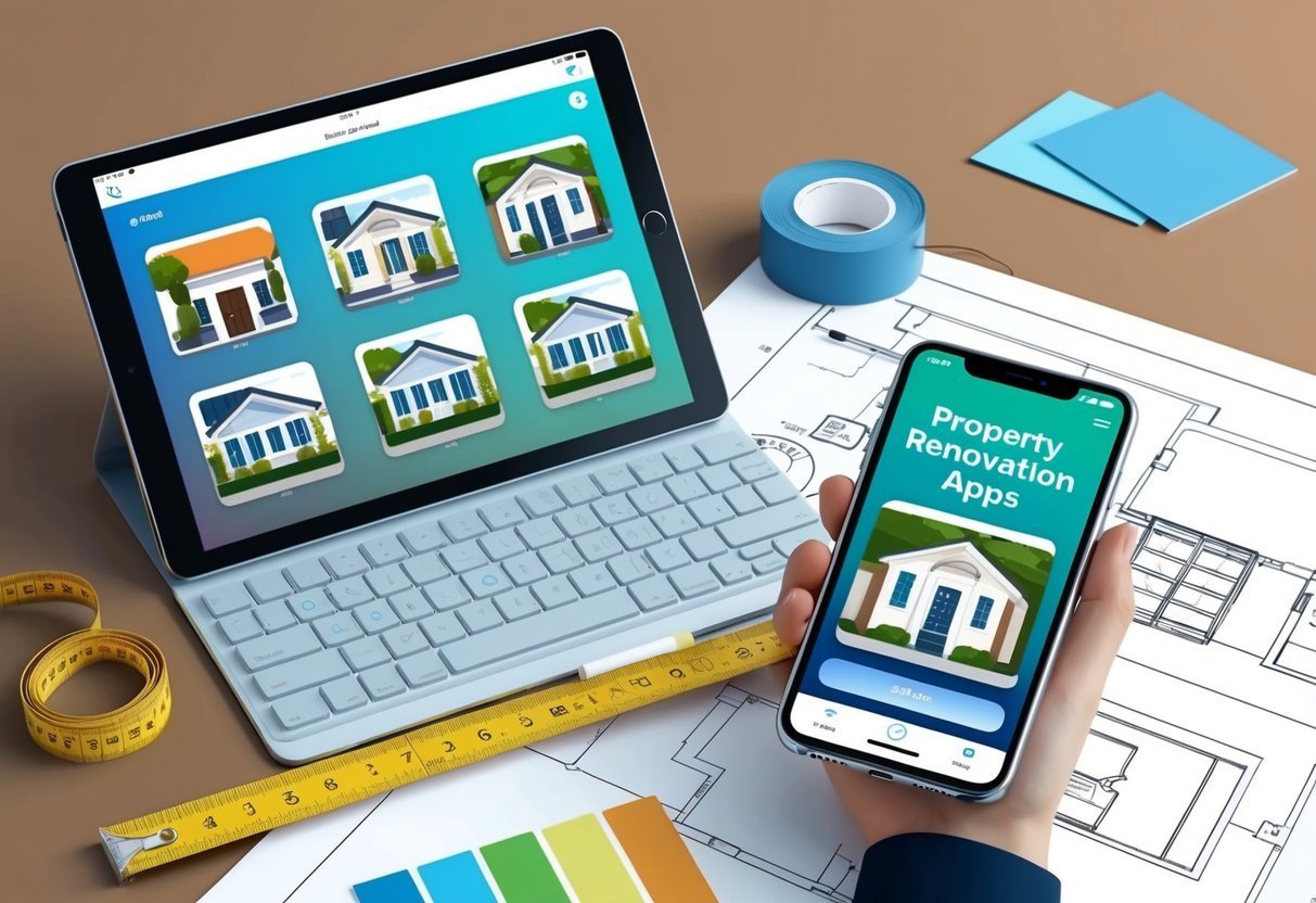 Tablet and phone with property renovation apps, blueprints, and tools