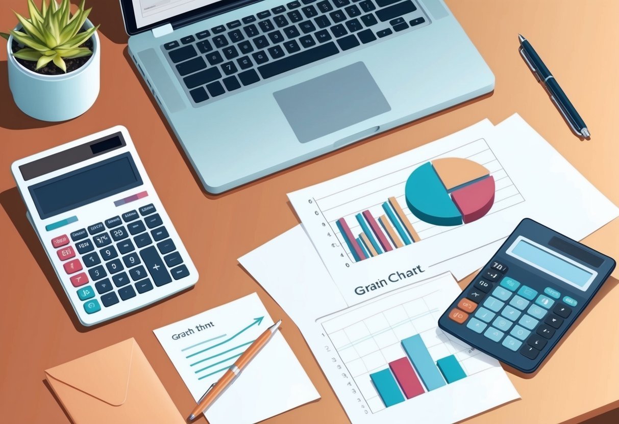 A desk with a laptop, calculator, pen, paper, and a graph chart