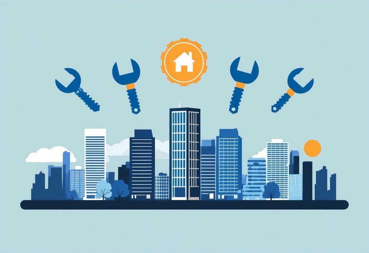 A modern city skyline with five tools hovering above, representing HouseCanary Valuation's real estate appreciation tracking