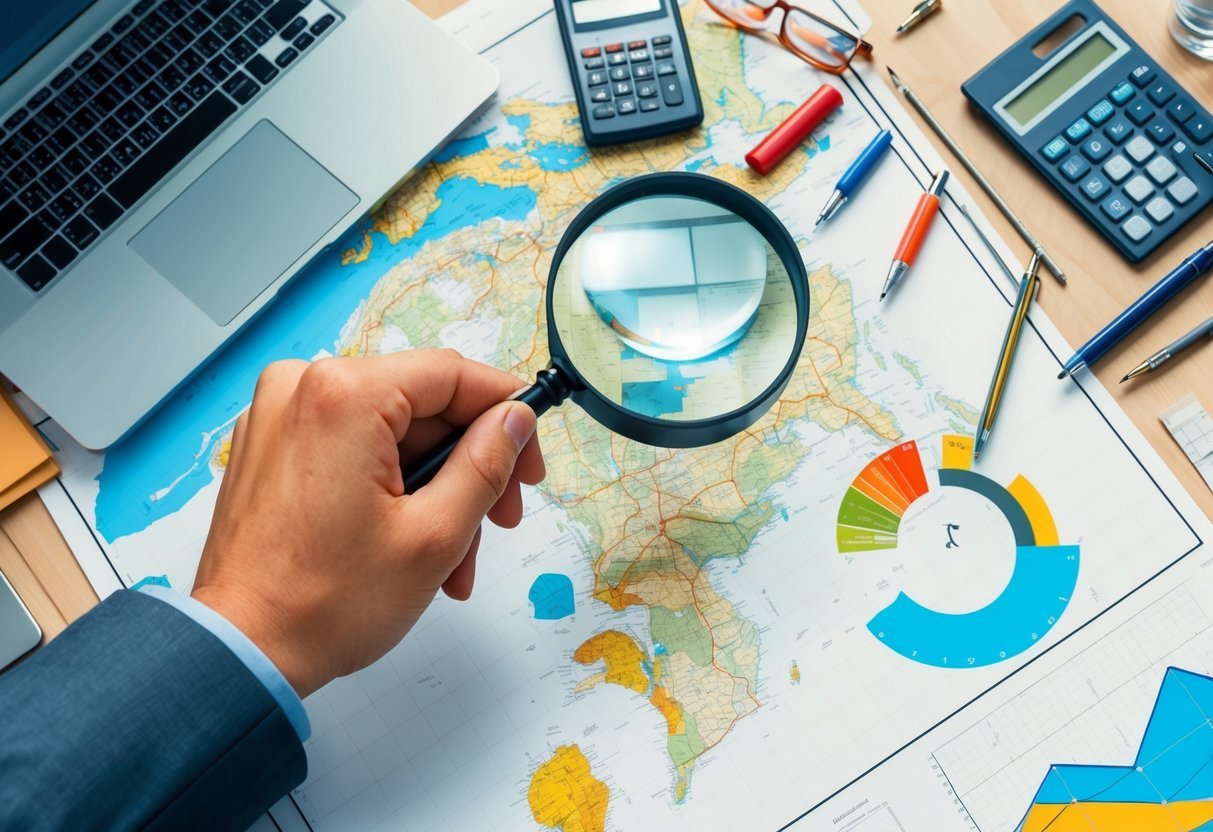 A hand holding a magnifying glass over a map with various tools scattered around, including a computer, calculator, and graph